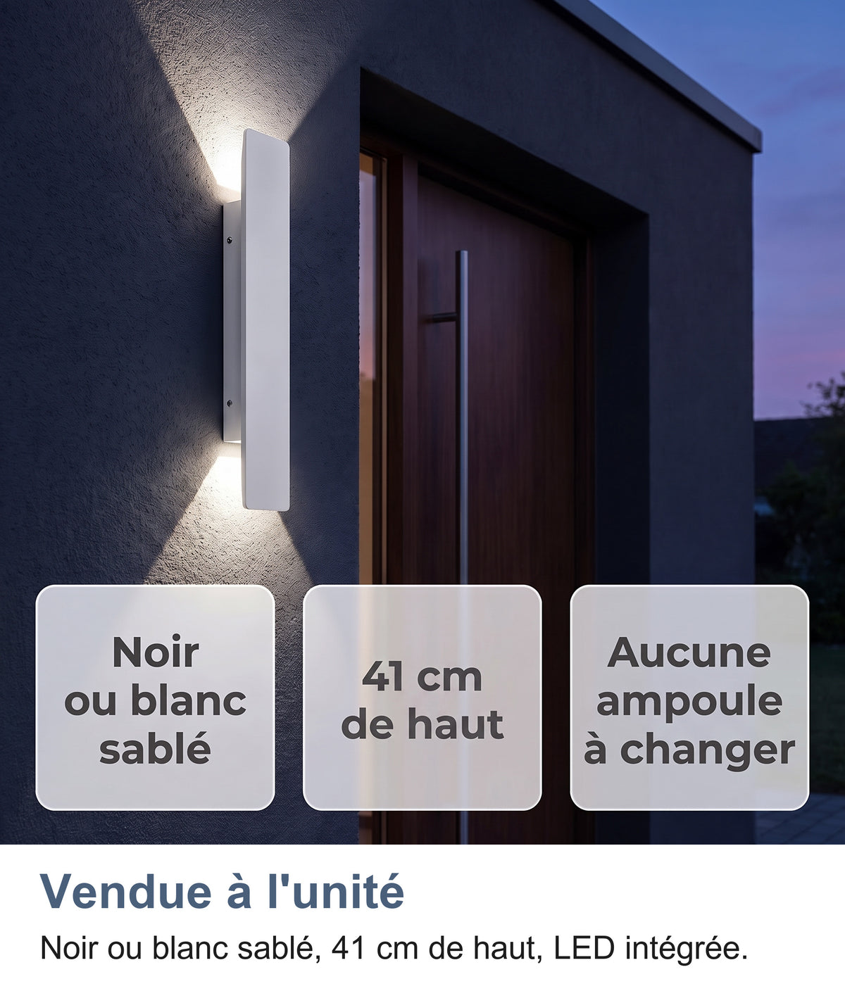 Applique blanche près d'une porte d'entrée : noir ou blanc sablé, 41 cm de haut, aucune ampoule à changer