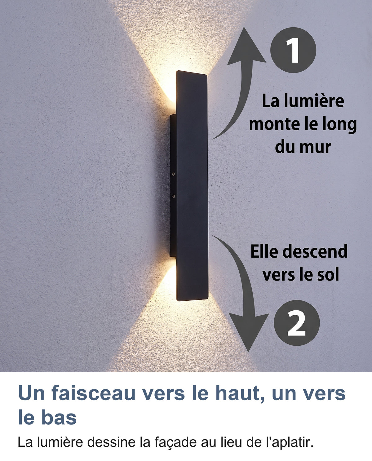 Double faisceau de l'applique : la lumière monte le long du mur et descend vers le sol