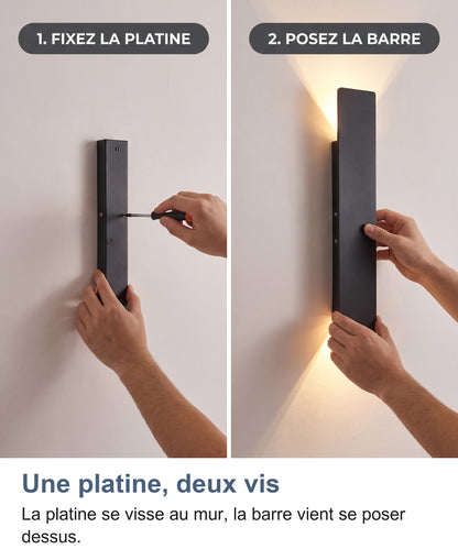 Pose en deux étapes : fixer la platine au mur, puis poser la barre dessus