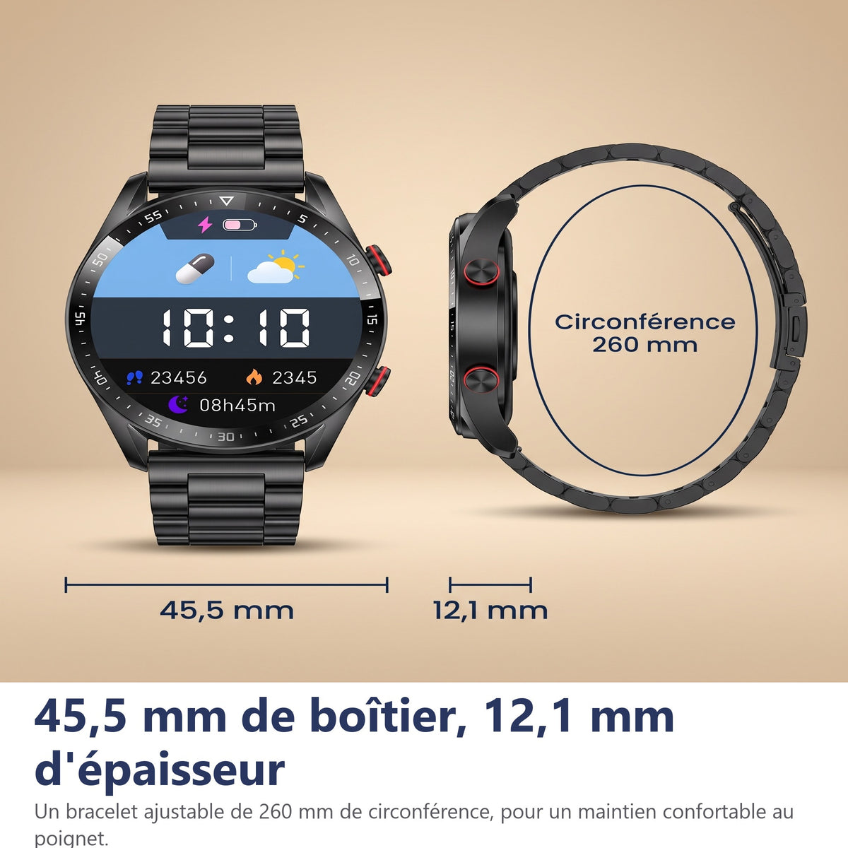 Dimensions de la montre connectée, 45,5 mm