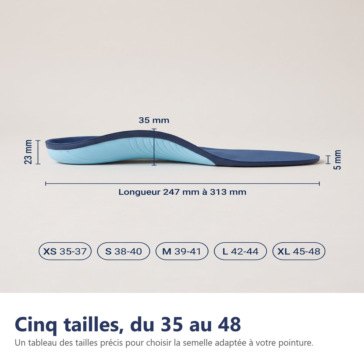Cinq tailles, du 35 au 48