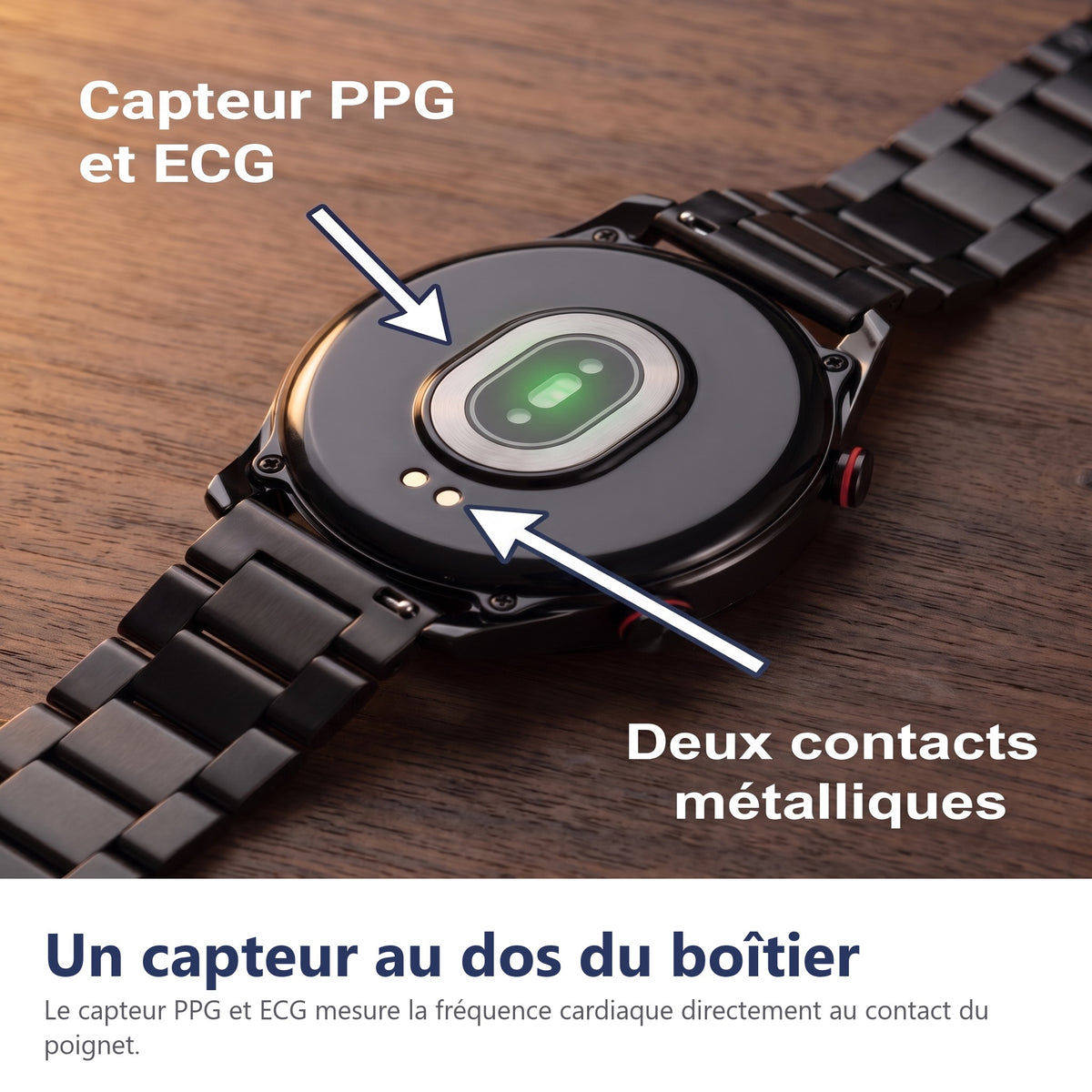 Capteur PPG et ECG au dos de la montre connectée