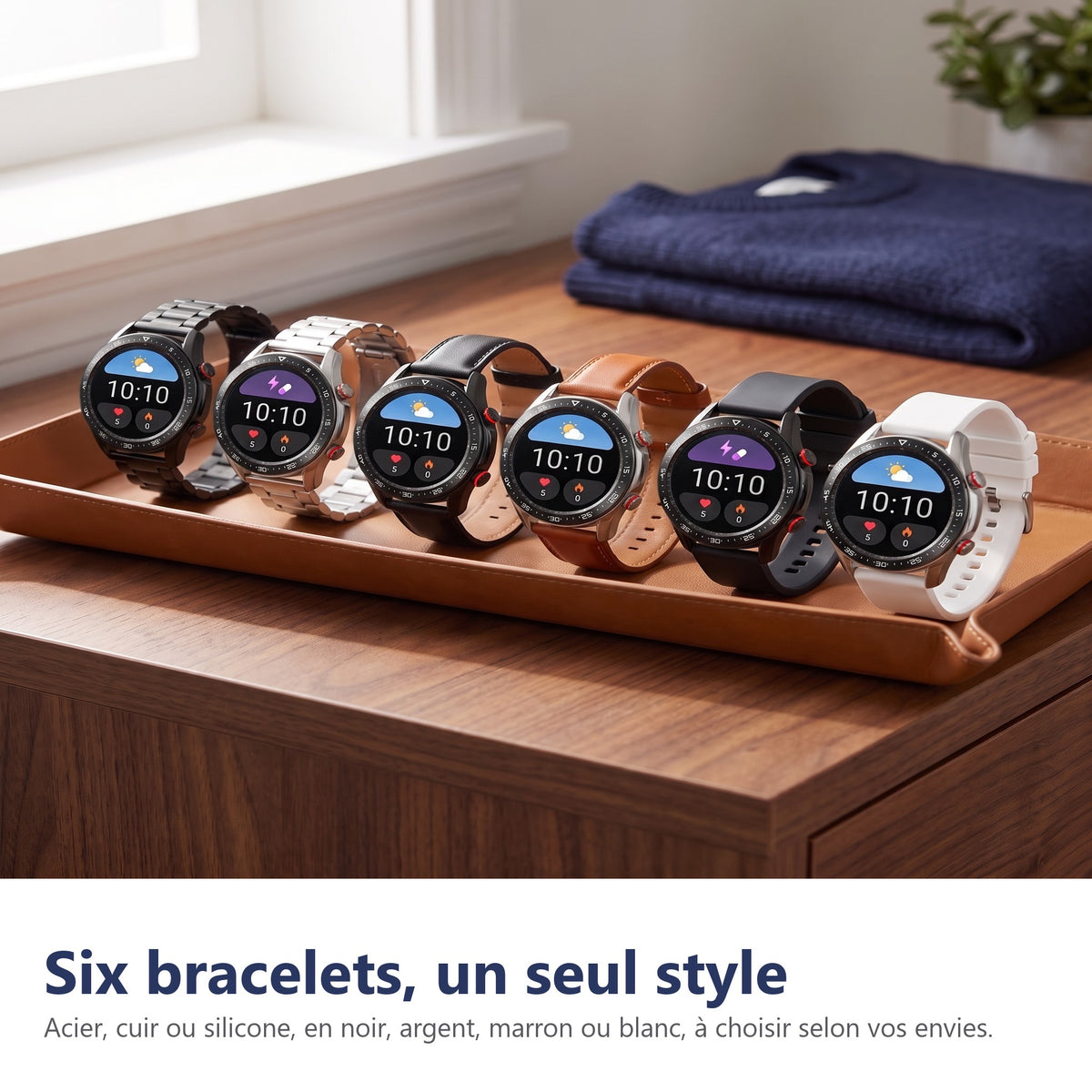 Les six bracelets disponibles pour la montre connectée