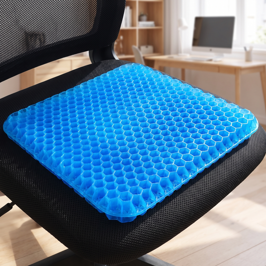 Coussin coccyx en gel alvéolé bleu sur une chaise de bureau