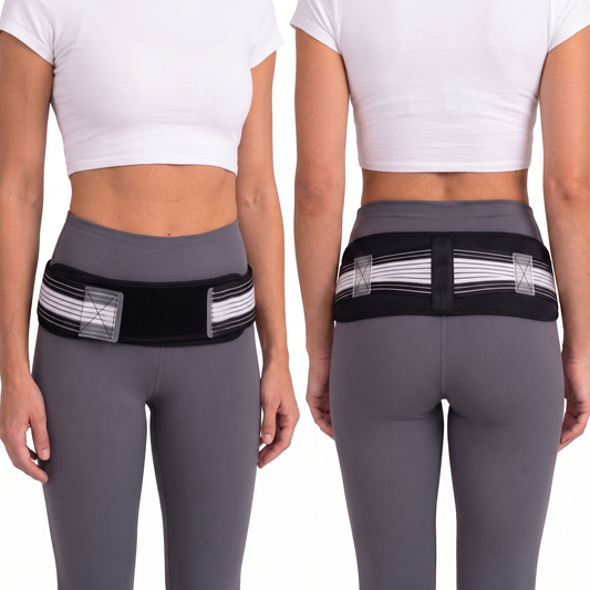 Ceinture de maintien lombaire portée sur les hanches, vue de face et de dos