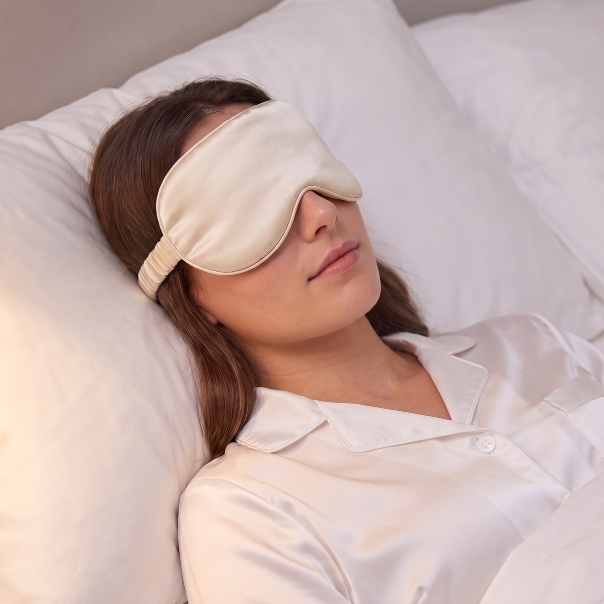Masque de nuit en soie champagne porté au lit