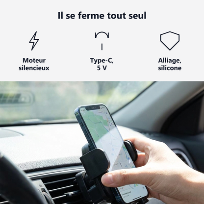 Support téléphone voiture à serrage automatique, fiche technique visuelle