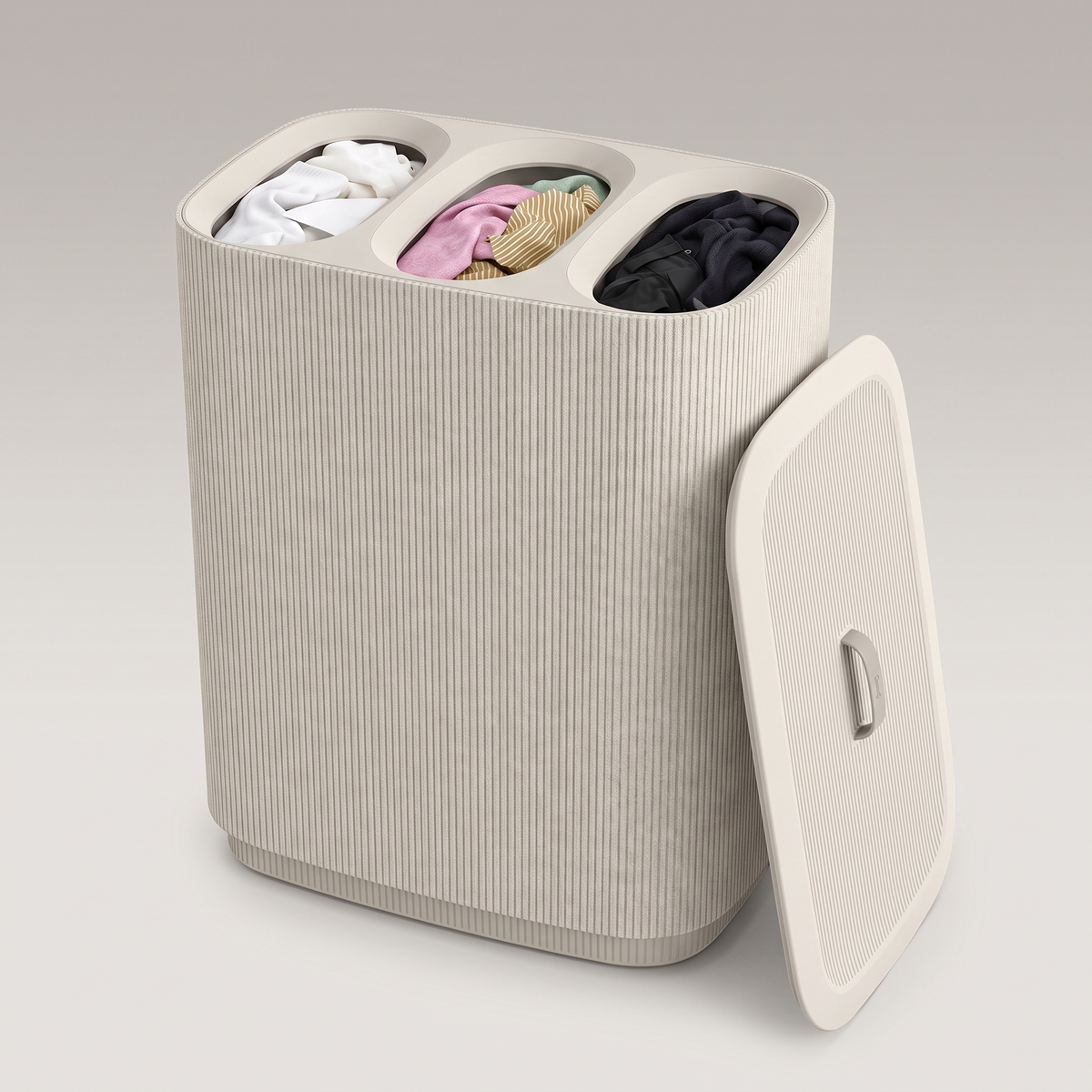 Panier à Linge 3 Compartiments Pliable, Design Écru 90L