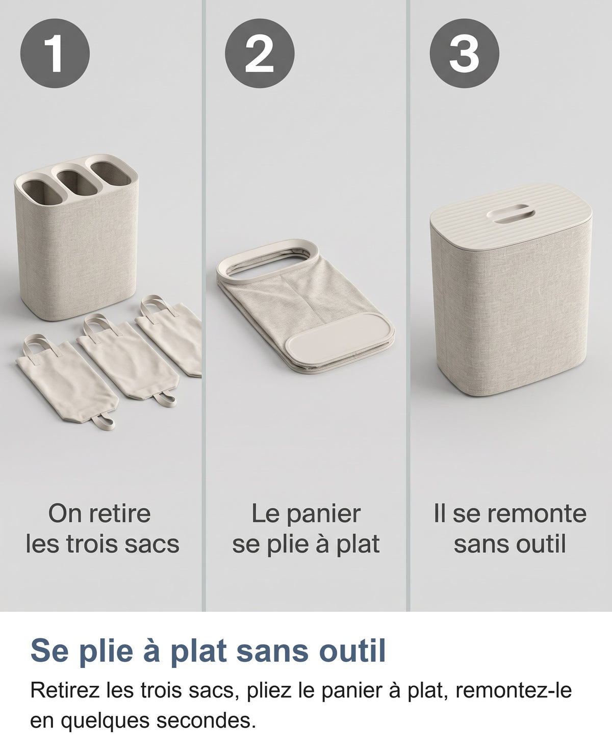 Panier à linge pliable, trois étapes de pliage sans outil