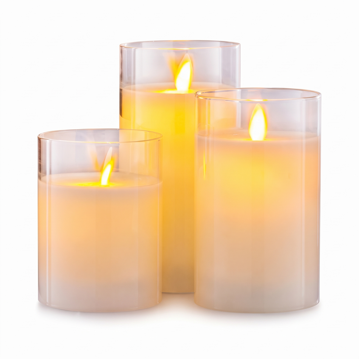 Lot de 3 bougies LED, coloris blanc transparent, flammes allumées