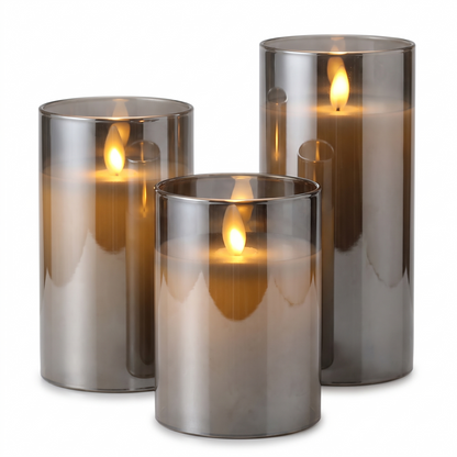 Lot de 3 bougies LED, coloris gris fumé, flammes allumées