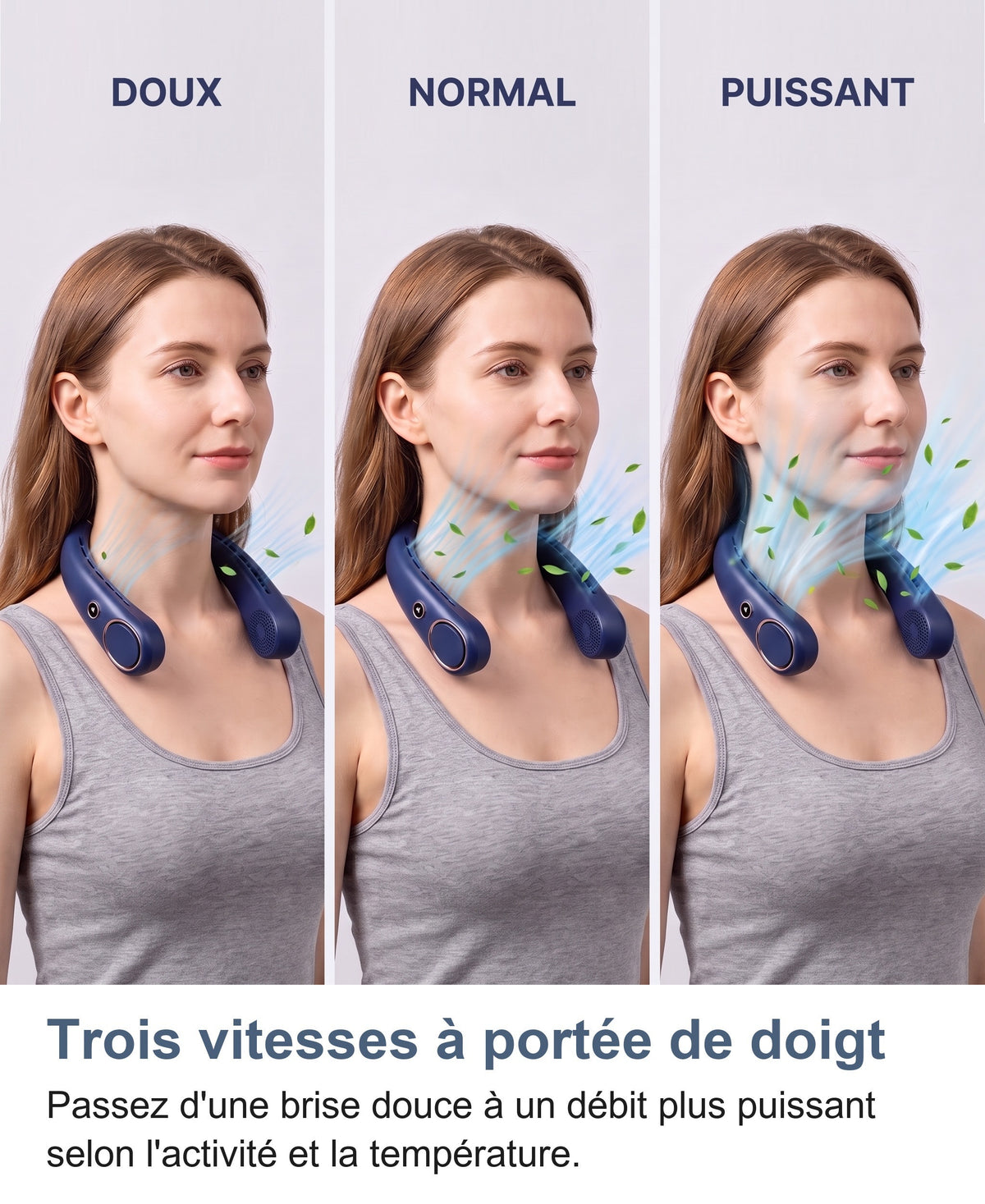Trois vitesses du ventilateur de cou, douce, normale et puissante