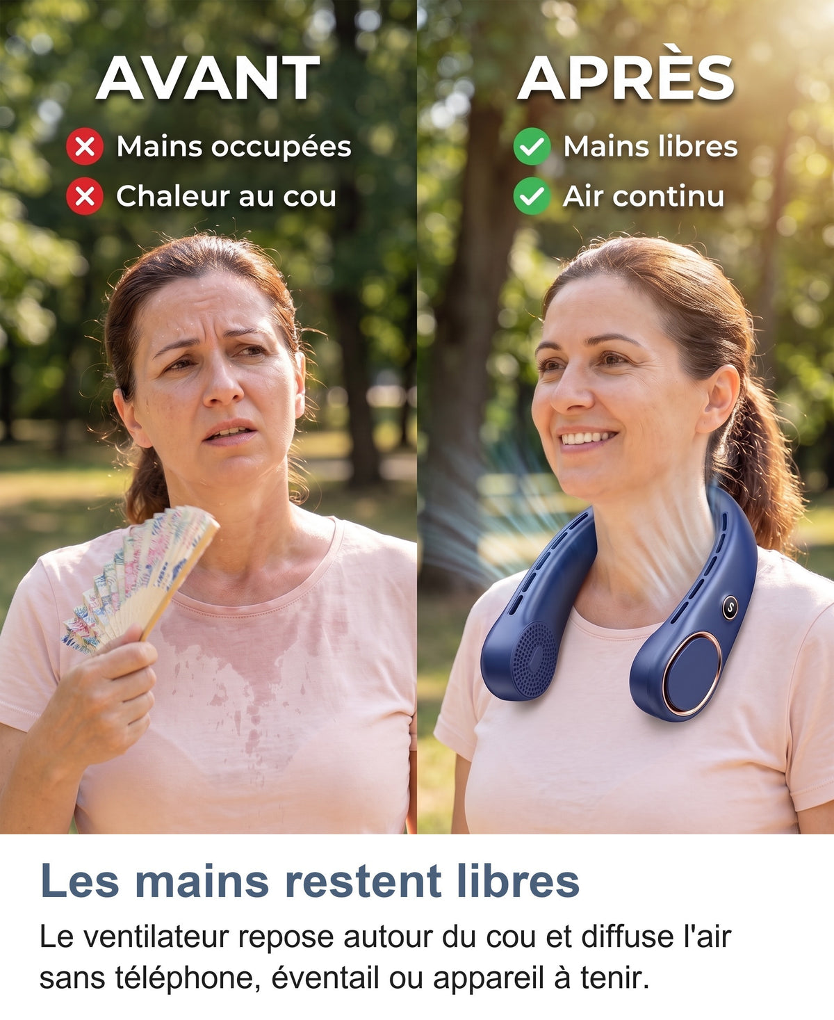 Comparaison avant et après avec ventilateur porté autour du cou