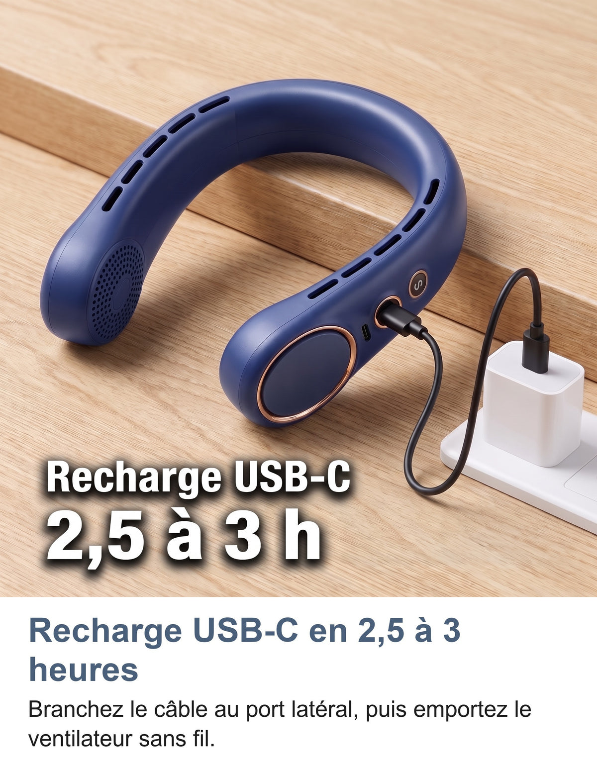 Ventilateur de cou bleu en recharge USB-C